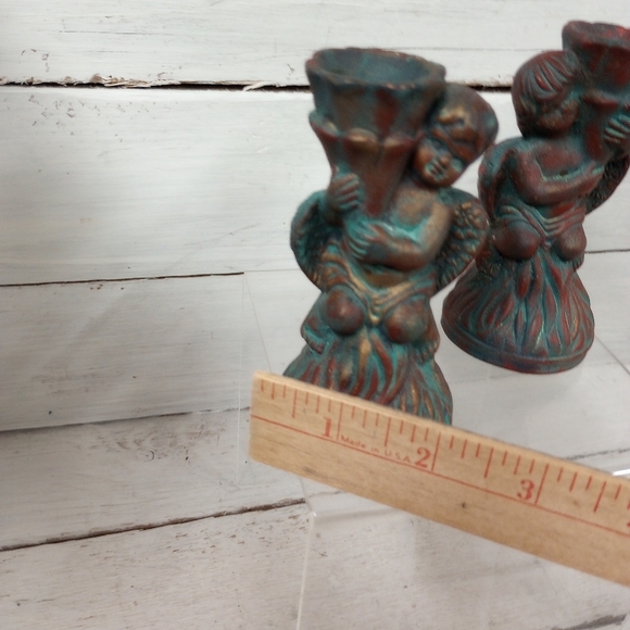 Set of 2 Angels Cherubs Candlestick Holders Vintage Shabby Chic Green Patina - Picture 11 of 12